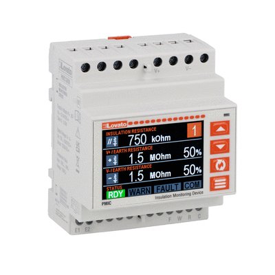 Insulation monitoring device for DC electric vehicle charging stations. Single channel, with display and built-in RS485 port. Maximum monitored voltage 1200VDC, auxiliary supply voltage 12-24VDC