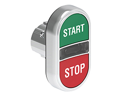 Double-touch actuator, spring return, white indicator Ø22mm Platinum series metal, 2 flush pushbuttons. Both spring return, Green - Red/START - STOP