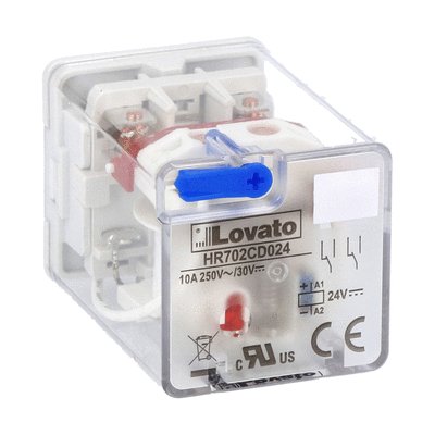 8-PIN Industrial relay with LED state indicator and mechanical actuator, 24VDC, 10A, 2 C/O contacts, fitting on socket HR7XS1