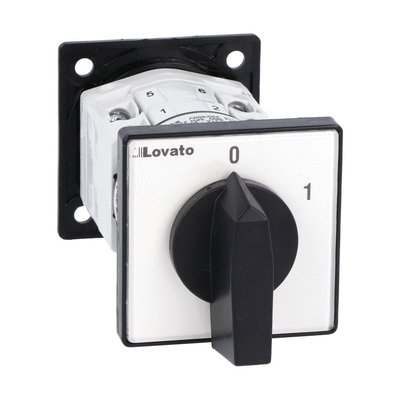 Rotary cam switch GF series, ON-OFF spring return switch 3 poles 20A, for rear mounting with black handle, front plate 30X30mm