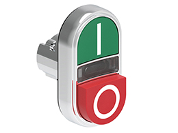 Double-touch actuator, spring return, white indicator Ø22mm Platinum series metal, 1 extended and 1 flush pushbuttons. Both spring return, Green - Red/I - 0