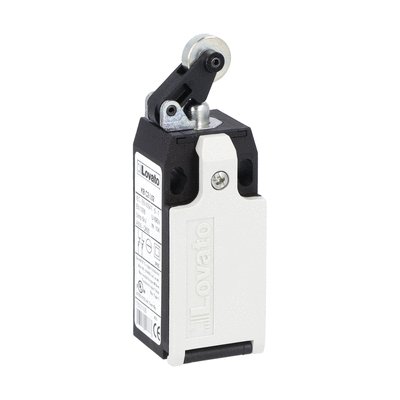 Limit switch, K series, roller centre push lever, 1 bottom cable entry. Dimensions to EN 50047, plastic body, contacts 2NC slow action. Metal roller