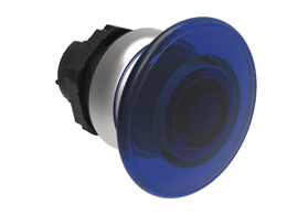 Illuminated mushroom head button actuator Ø22mm Platinum series chromed plastic, spring return, Ø40mm. Blue