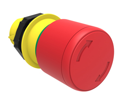 Mushroom head pushbutton actuator Ø22mm Platinum series chromed plastic, latch, turn to release, Ø30mm. For emergency stopping. ISO 13850. Red