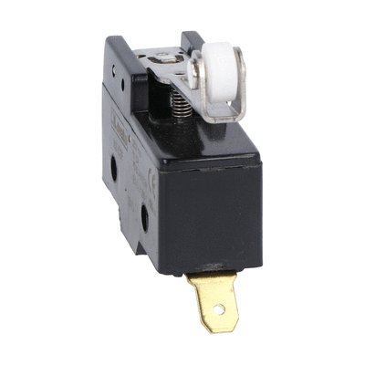 Plastic micro switch, K series, roller centre push lever. 48.5mm/1.91in long lever. Contacts 1NO/NC. Faston terminals