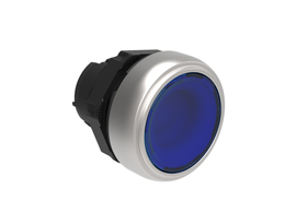 Illuminated Push-Push button actuator Ø22mm Platinum series chromed plastic, flush. Push ON-Push OFF, blue