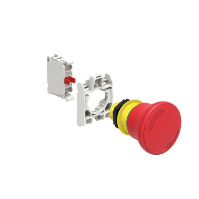 KIT plastic mushroom head pushbutton actuator, latch, turn to release, Ø40mm. For emergency stopping. ISO 13850. Red with mounting adapter and 1 contact element, NC. Screw termination