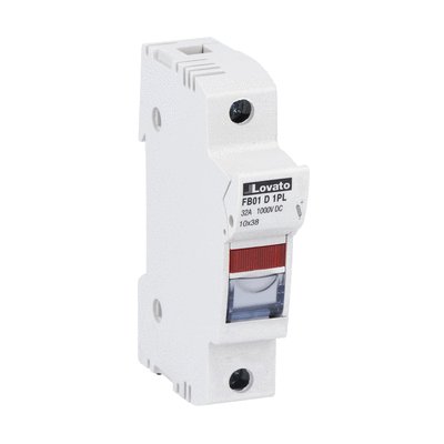Fuse holder UL certified for photovoltaic applications, for 10X38mm fuses. 32A rated current at 1000VDC, 1P. With status indicator. 1 module