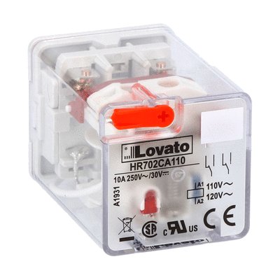 8-PIN Industrial relay with LED state indicator and mechanical actuator, 110/120VAC, 10A, 2 C/O contacts, fitting on socket HR7XS1