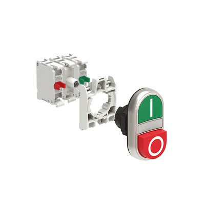 KIT plastic double-touch actuator, spring return, white indicator, 1 extended and 1 flush pushbuttons, Green Red/I 0 with mounting adapter and 2 contact elements, 1NO+1NC. Screw termination. LED integrated lamp-holder, steady light, 185...265VAC