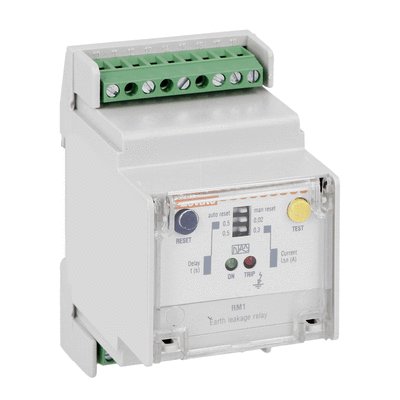 Earth leakage relay with 1 operatin threshold, modular, 35mm DIN (IEC/EN60715) rail mounting. External CT. Fixed tripping set point and time, 110VAC-240VAC-415VAC