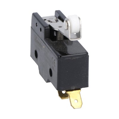 Plastic micro switch, K series, roller centre push lever. 38mm/1.5in long lever. Contacts 1NO/NC. Faston terminals