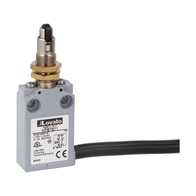 Prewired with 2m long cable metal limit switch, K series, top roller push plunger. M12 head. Contacts 1NO+1NC slow action. Roller operation perpendicular to switch body