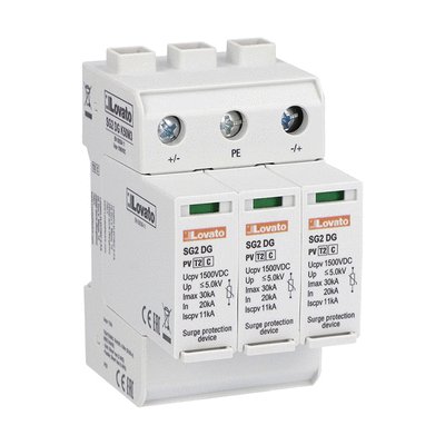 Surge protection device type 2 for photovoltaic applications with plug-in cartridge, Ucpv 1500VDC, +, -, PE. Without remote contact
