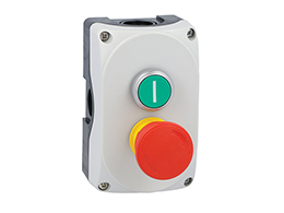 Grey control station LPZP2A8 complete with green flush pushbutton "I" LPCB1133 1NO and mushroom pushbutton turn-to-release LPCB6644 1NC