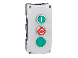 Grey control station LPZP3A8 complete with green flush pushbutton "I" LPCB1113 1NO, red extended pushbutton "O" LPCB2104 1NC and green pilot light 24V