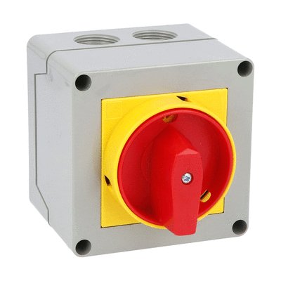 Enclosed rotary cam switch 7GN series, ON-OFF switch 4 poles 25A in plastic enclosure 90X90mm with red/yellow handle