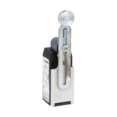Limit switch, K series, adjustable roller lever, 1 bottom cable entry. Dimensions to EN 50047, plastic body, contacts 2NC snap action. Metal roller