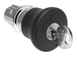 Mushroom head pushbutton actuator Ø22mm Platinum series metal, latch, turn key to release, Ø40mm. For normal stopping. Black. Different key code