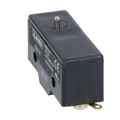 Plastic micro switch, K series, top push rod - metal plunger. Pin. Contacts 1NO/NC. Solder terminals
