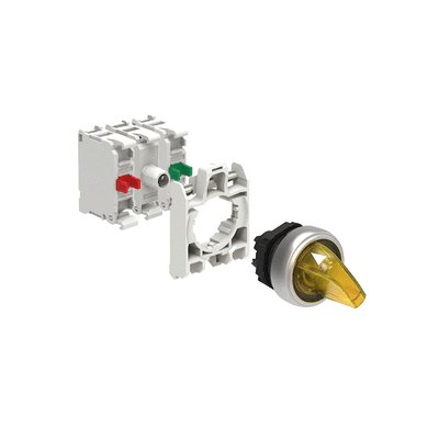 KIT plastic illuminated selector switch actuator, 2 position, 0 1. Yellow with mounting adapter and 2 contact elements, 1NO+1NC. Screw termination. LED integrated lamp-holder, steady light, 12...30VAC/DC