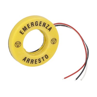 Ø60mm emergency illuminated disk for Ø22mm mushroom buttons, 110…120VAC auxiliary supply, text: "EMERGENZA ARRESTO".