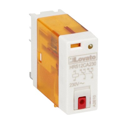Miniature relay with LED state indicator and mechanical actuator, 110VAC, 10A, 2C/O contacts, with flat pin terminals. Fitting on sockets HR5XS212 or HR5XS212S