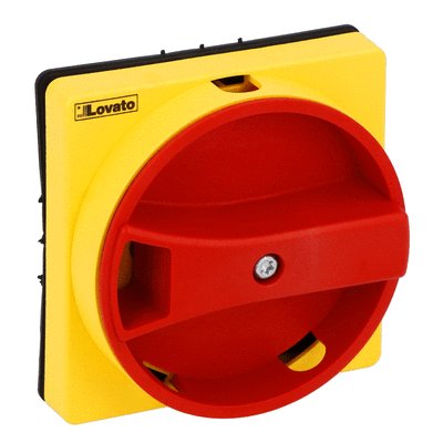 Door-coupling handle, padlockable. Red/yellow, rotating, for GA...A, GA016C…GA040C, GA063SC and GA...D. Ring fixing. Recessed selector. 5mm/0.2”. IP65