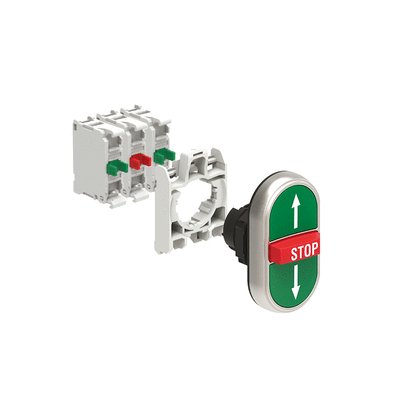 KIT plastic triple-touch actuator, spring return, 2 external flush and 1 middle extended pushbuttons. Spring return, ↑ STOP ↓ with mounting adapter and 2 contact elements, 2NO+1NC. Screw termination