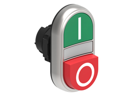 Double-touch actuator, spring return, white indicator Ø22mm Platinum series chromed plastic, 1 extended and 1 flush pushbuttons. Both spring return, Green - Red/I - 0