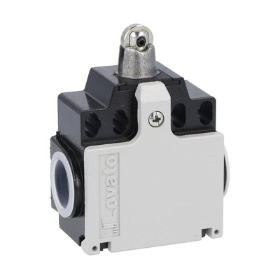 Limit switch, K series, top roller push plunger, 2 side cable entry. Dimensions compatible to EN 50047, metal body, contacts 2NC snap action. Metal roller