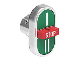 Triple-touch actuator, spring return Ø22mm Platinum series metal, 2 external flush and 1 middle extended pushbuttons. Spring return, I - STOP - II