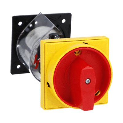 Rotary cam switch 7GN series, ON-OFF switch 4 poles 20A, for rear mounting with red/yellow handle padlockable in 0, door coupling and protection covers, front plate 65X65mm