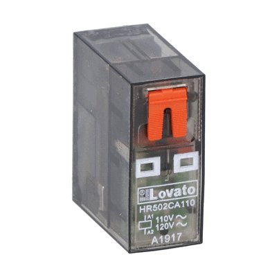 Miniature relay with LED state indicator and mechanical actuator, 110/120VAC, 8A, 2C/O contact. Fitting on socket HR5XS2...