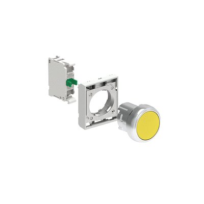 KIT metal pushbutton actuator, spring return, flush, yellow with mounting adapter and 1 contact element, NO. Screw termination