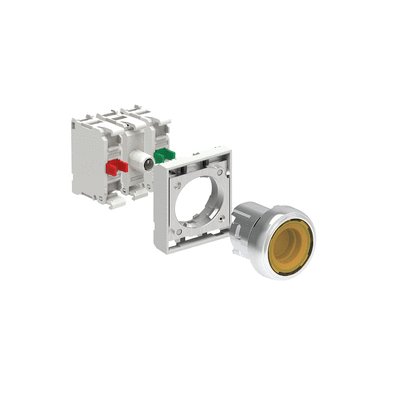 KIT metal illuminated button actuator, spring return, flush, yellow with mounting adapter and 2 contact elements, 1NO+1NC. Screw termination. LED integrated lamp-holder, steady light, 185...265VAC
