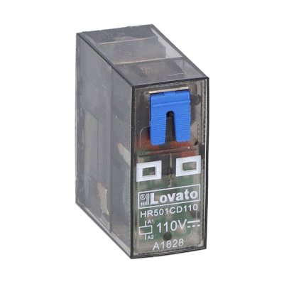 Miniature relay with LED state indicator and mechanical actuator, 110VDC, 16A, 1C/O contact. Fitting on socket HR5XS2... (max 10A)