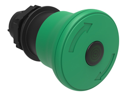 Illuminated mushroom head button actuator Ø22mm Platinum series chromed plastic, latch, turn to release, Ø40mm. For normal stopping. Green