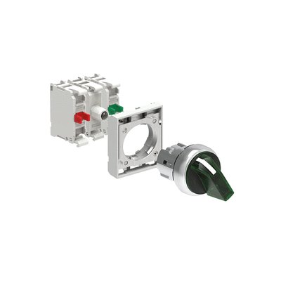 KIT metal illuminated selector switch actuator, 2 position, 0 1. Green with mounting adapter and 2 contact elements, 1NO+1NC. Screw termination. LED integrated lamp-holder, steady light, 12...30VAC/DC