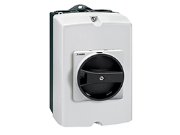 IEC/EN type IP65 plastic enclosure switch disconnector, three-pole. With rotating black handle, 32A. Enclosure dimensions: 100x168x97mm/3.9x6.6x3.8'', PE+N