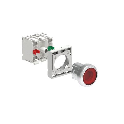 KIT metal illuminated button actuator, spring return, flush, red with mounting adapter and 2 contact elements, 1NO+1NC. Screw termination. LED integrated lamp-holder, steady light, 12...30VAC/DC