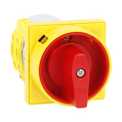 Rotary cam switch 7GN series, ON-OFF switch 1 pole 16A, for front mounting with red/yellow handle padlockable in 0 and protection covers, front plate 65X65mm