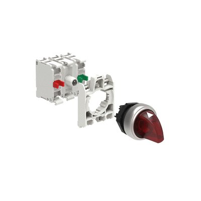 KIT plastic illuminated selector switch actuator, 3 position, 1 0 2. Red with mounting adapter and 2 contact elements, 1NO+1NC. Screw termination. LED integrated lamp-holder, steady light, 12...30VAC/DC