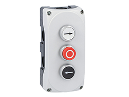 Grey control station LPZP3A8 complete with white flush pushbutton "RIGHT ARROW" LPCB1148 1NO, red extended pushbutton "O" LPCB2104 1NC and black flush pushbutton "LEFT ARROW" LPCB1142 1NO