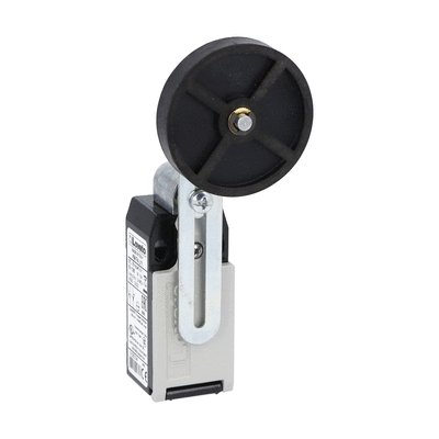 Limit switch, K series, adjustable roller lever, 1 bottom cable entry. Dimensions to EN 50047, metal body, contacts 3NC slow action. Rubber roller with offset alignment