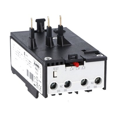 Motor protection relay, phase failure/single-phase sensitive. Three-pole (three-phase), automatic resetting. Direct mounting on BG06, BG09, BG12 mini-contactors, 2...3.3A