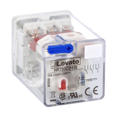 11-PIN Industrial relay with LED state indicator and mechanical actuator, 110VDC, 10A, 3 C/O contacts, fitting on socket HR7XS2