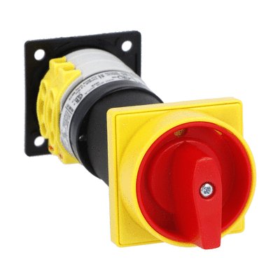 Rotary cam switch 7GN series, ON-OFF switch 1 pole 20A, for rear mounting with red/yellow handle padlockable in 0, door coupling and protection covers, front plate 65X65mm