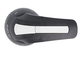 Door-coupling lever handle, padlockable. Black rotating type with screw fixing on door, 143mm/5.6”; □10mm/0.4”. IEC IP65