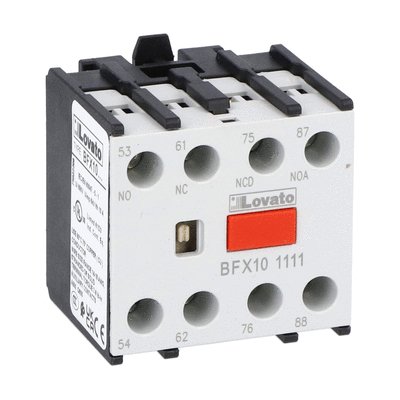 Auxiliary contact with front centre mounting. Screw terminals, for BF00, BF09...BF150 series contactors, 1NO+1NC with mirror and mechanically linked contact function and 1EM+1LB (1 early make+1 late breake)